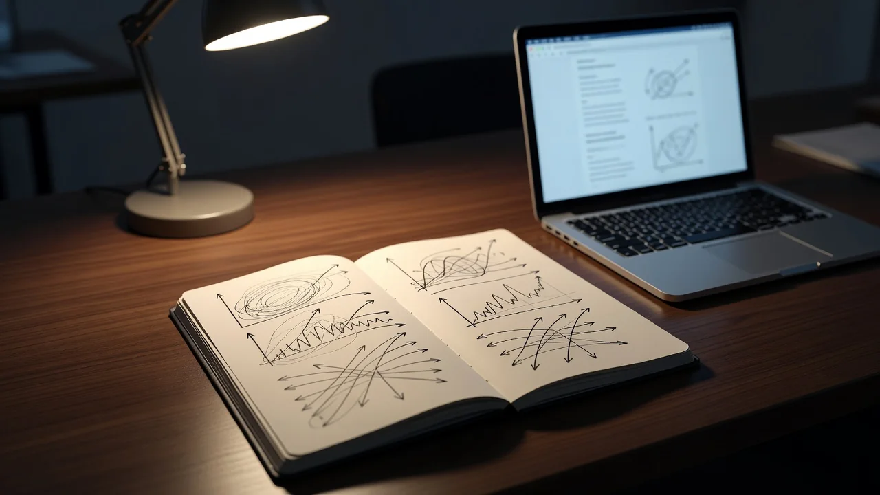 Open notebook with hand-drawn charts next to a laptop showing match statistics