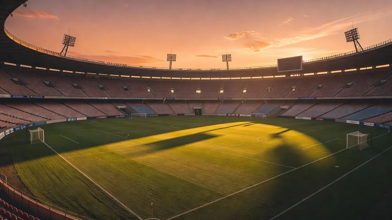 Empty stadium stands and pitch in warm sunset light before a match