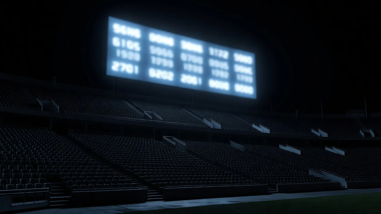 Bookmaker odds display board with blurred numbers above an empty stadium