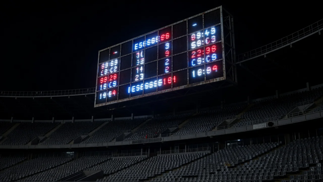 Stadium scoreboard glowing above empty stands during a night match