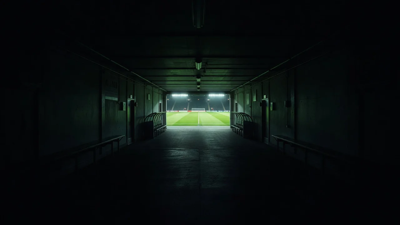 Empty players' tunnel leading to a floodlit football pitch at night