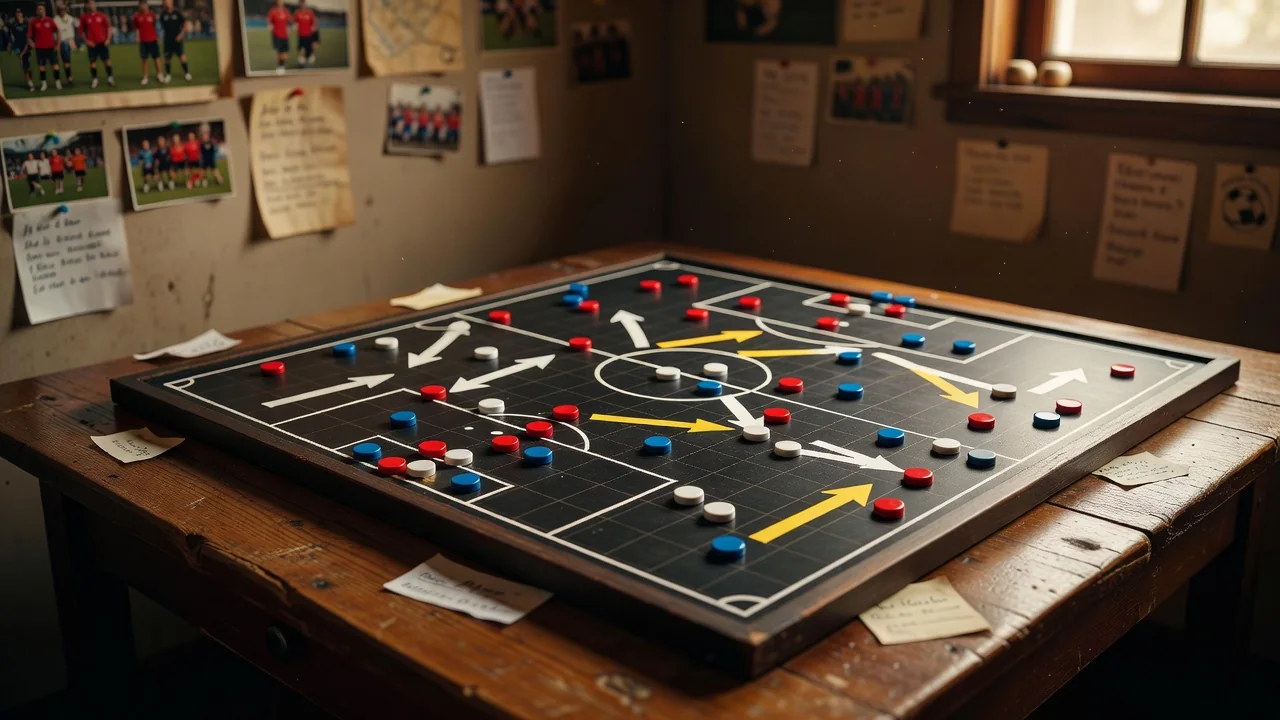 Football tactics board with magnets and handwritten arrows on a wooden table